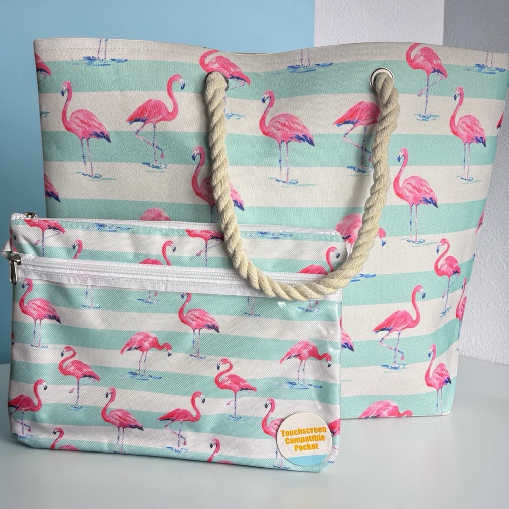 Resort Style Flamingo Stripe Beach Tote Bag  + Matching Swimsuit and  pouch